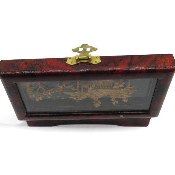 Vintage Oriental Lacquered Wooden JEWELRY BOX 3D Cork Pagoda with Birds - Picture 6 of 13